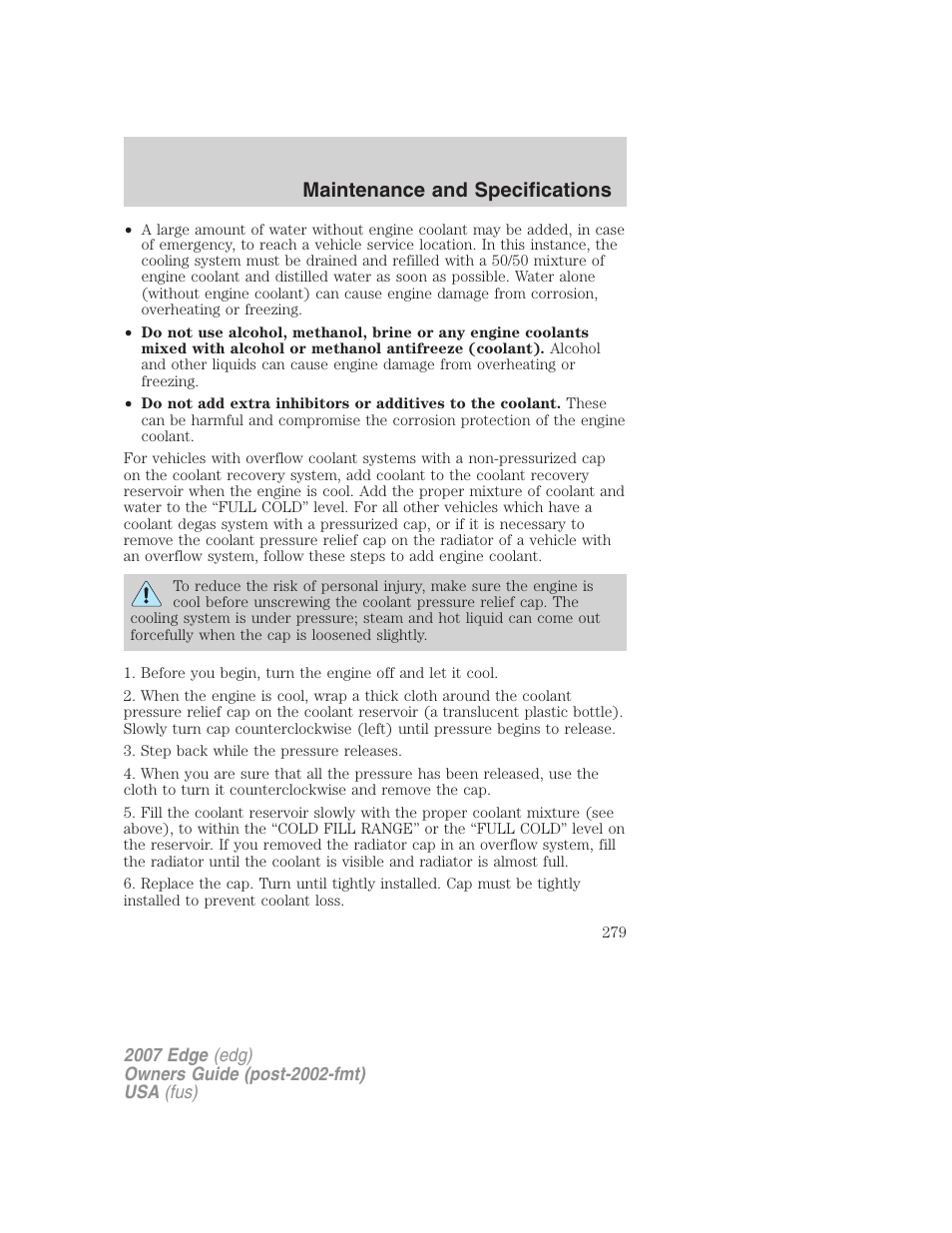Maintenance and specifications | FORD 2007 Edge v.1 User Manual | Page 279 / 312