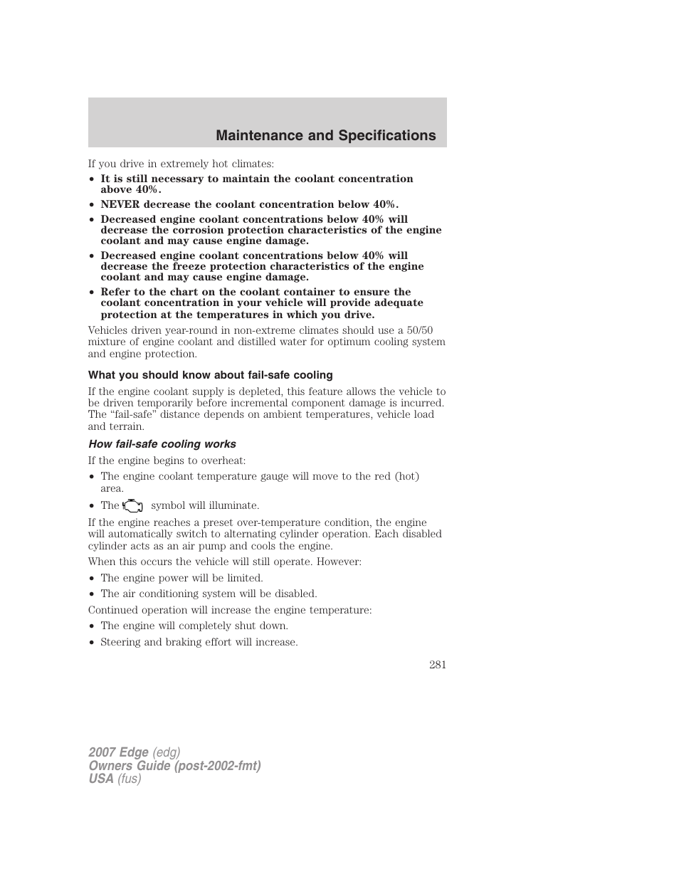 What you should know about fail-safe cooling, How fail-safe cooling works, Maintenance and specifications | FORD 2007 Edge v.1 User Manual | Page 281 / 312