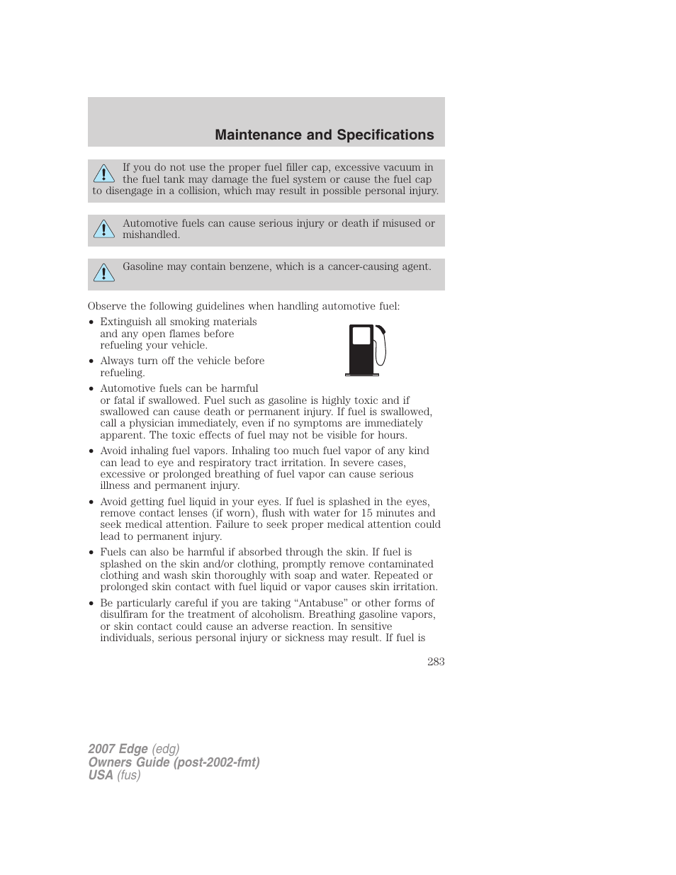 Maintenance and specifications | FORD 2007 Edge v.1 User Manual | Page 283 / 312