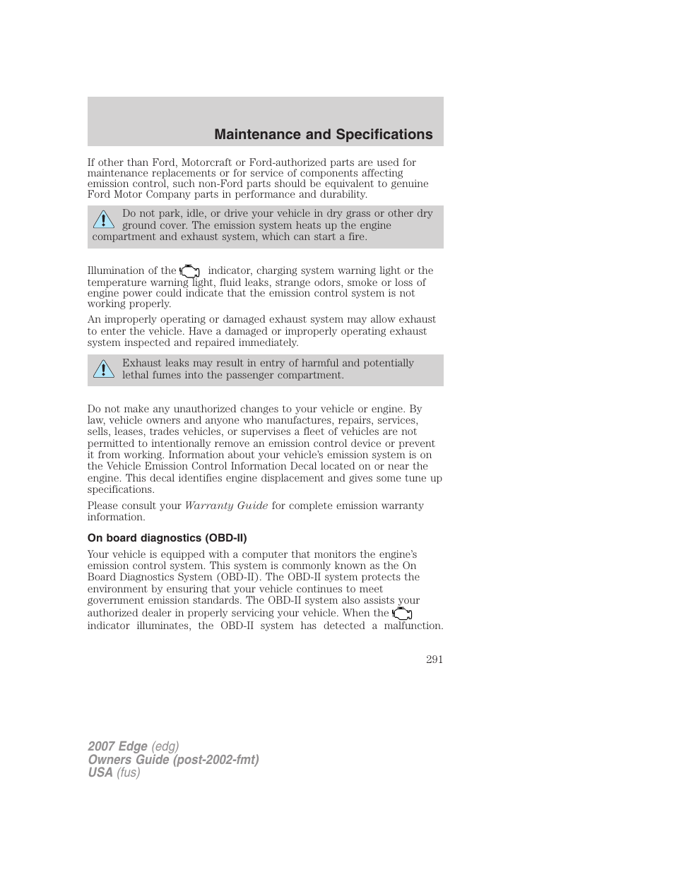 On board diagnostics (obd-ii), Maintenance and specifications | FORD 2007 Edge v.1 User Manual | Page 291 / 312