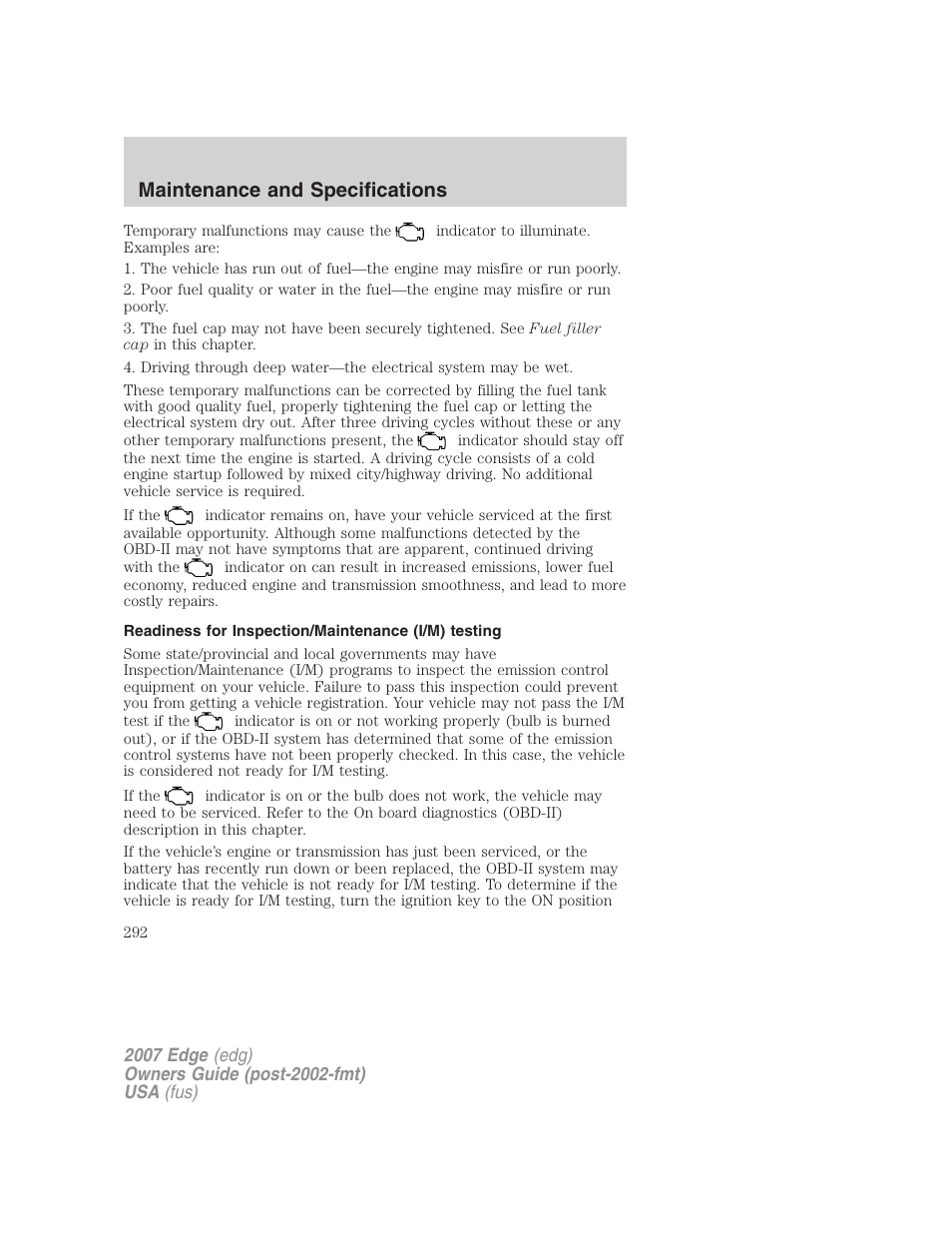 Readiness for inspection/maintenance (i/m) testing, Maintenance and specifications | FORD 2007 Edge v.1 User Manual | Page 292 / 312