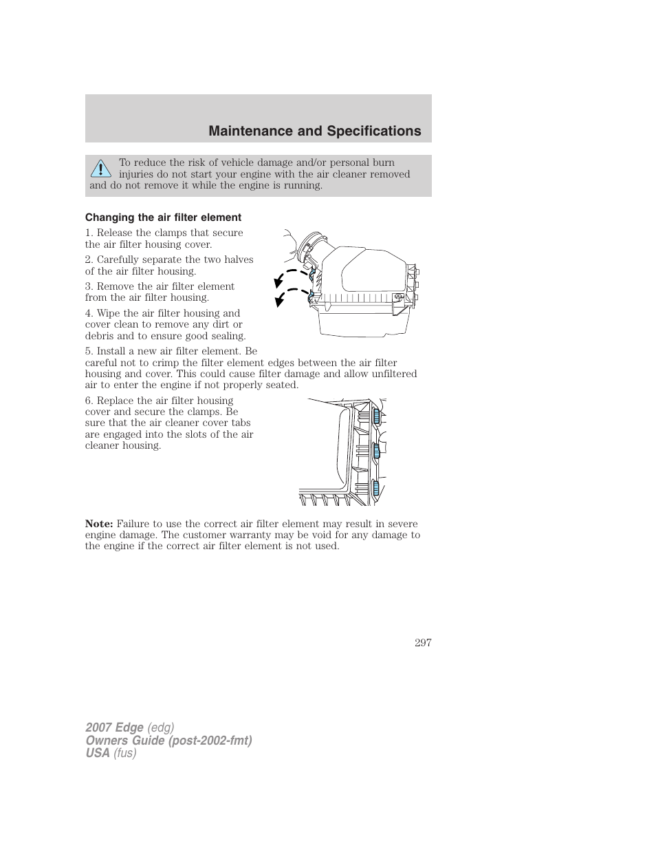 Changing the air filter element, Maintenance and specifications | FORD 2007 Edge v.1 User Manual | Page 297 / 312