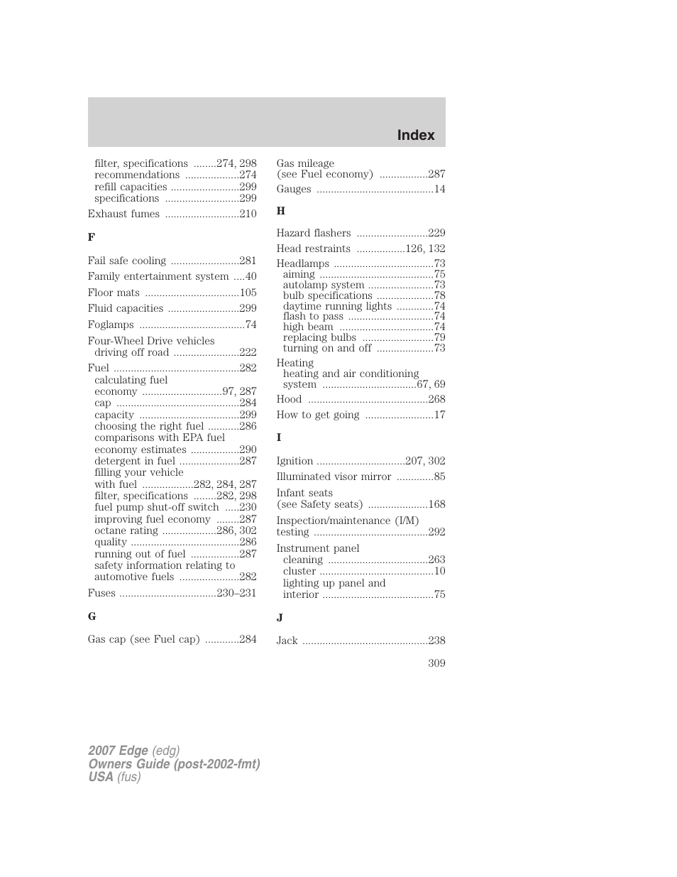 Index | FORD 2007 Edge v.1 User Manual | Page 309 / 312