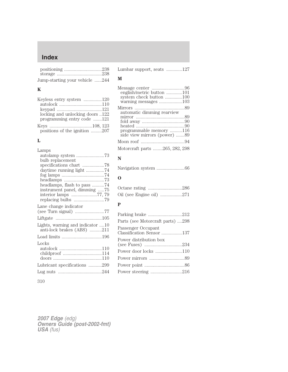 Index | FORD 2007 Edge v.1 User Manual | Page 310 / 312
