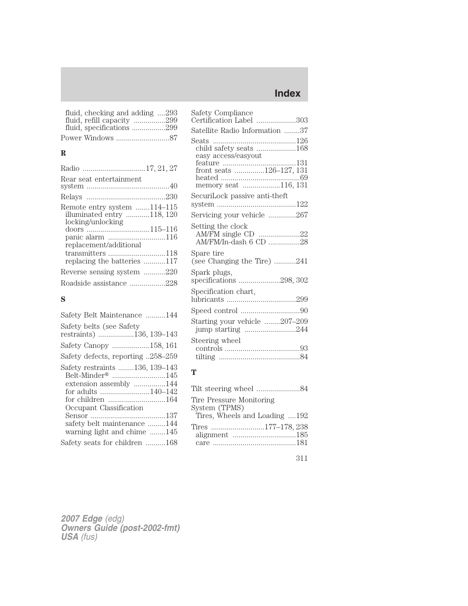 Index | FORD 2007 Edge v.1 User Manual | Page 311 / 312