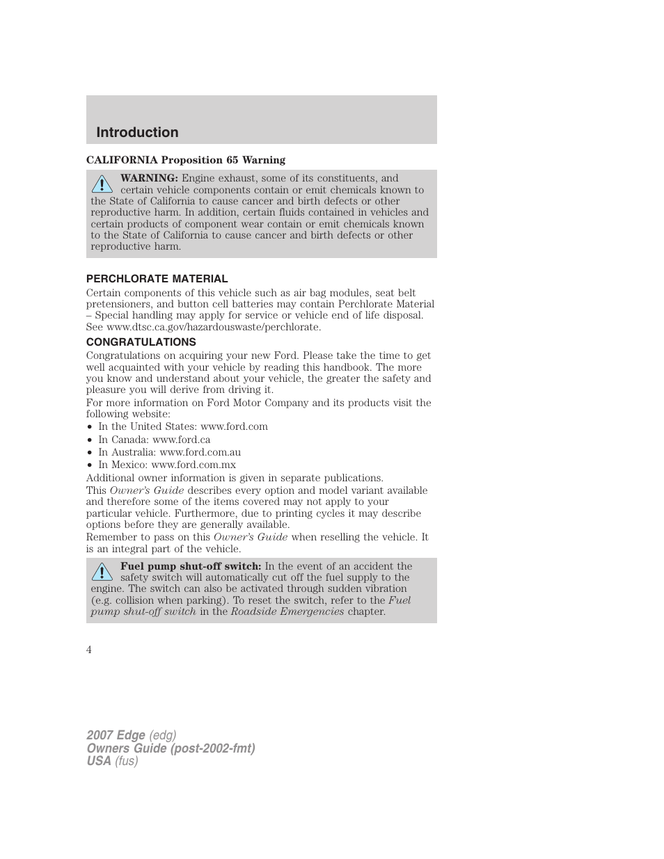 Introduction, Perchlorate material, Congratulations | FORD 2007 Edge v.1 User Manual | Page 4 / 312