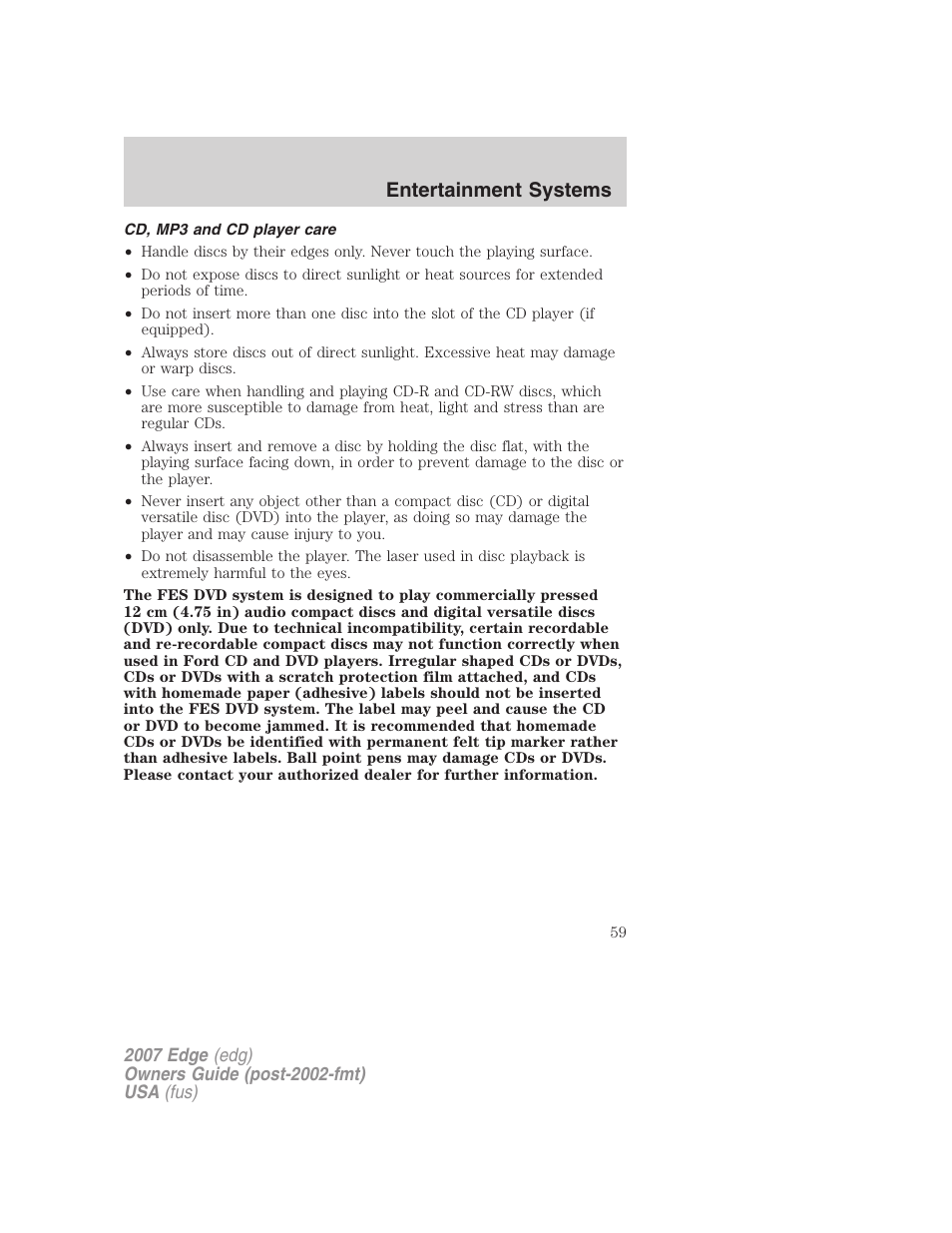 Cd, mp3 and cd player care, Entertainment systems | FORD 2007 Edge v.1 User Manual | Page 59 / 312