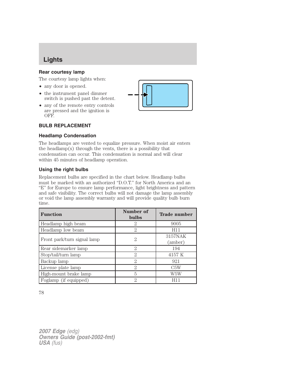 Rear courtesy lamp, Bulb replacement, Headlamp condensation | Using the right bulbs, Lights | FORD 2007 Edge v.1 User Manual | Page 78 / 312