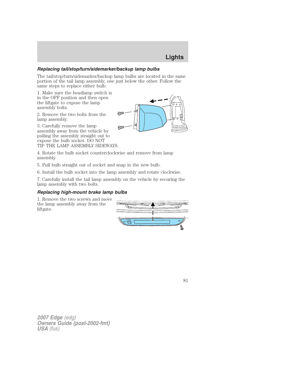 Replacing high-mount brake lamp bulbs, Lights | FORD 2007 Edge v.1 User Manual | Page 81 / 312