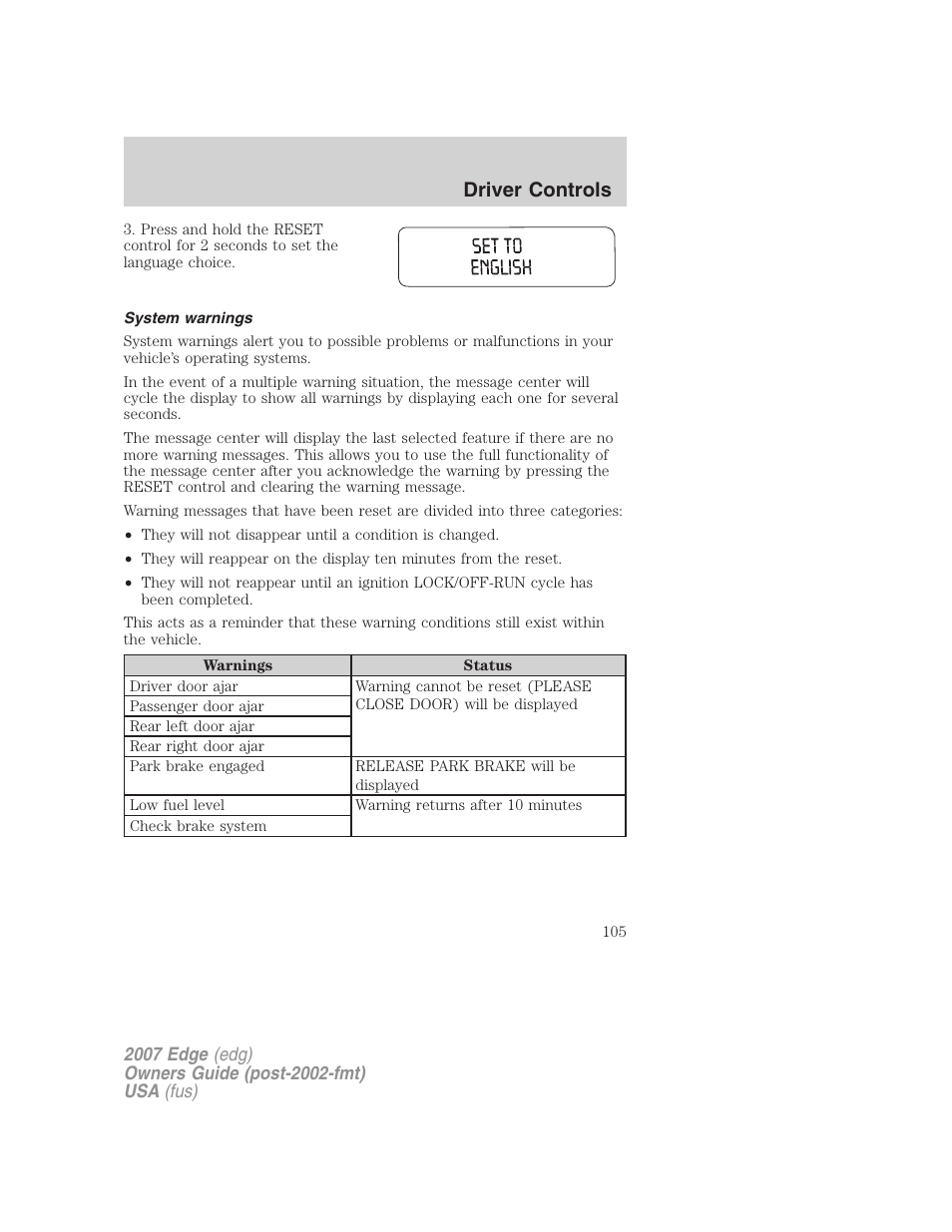 System warnings, Driver controls | FORD 2007 Edge v.2 User Manual | Page 105 / 320