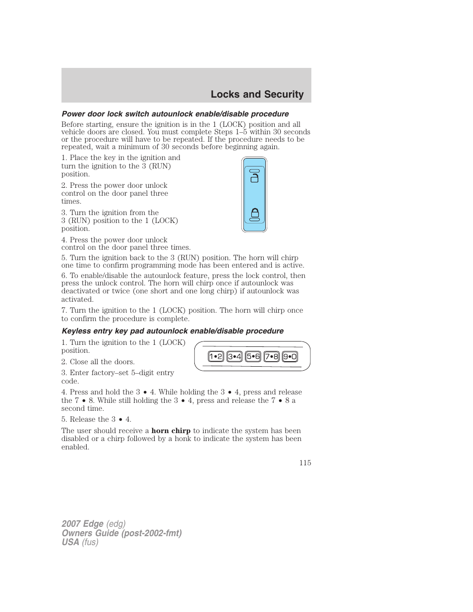 Locks and security | FORD 2007 Edge v.2 User Manual | Page 115 / 320