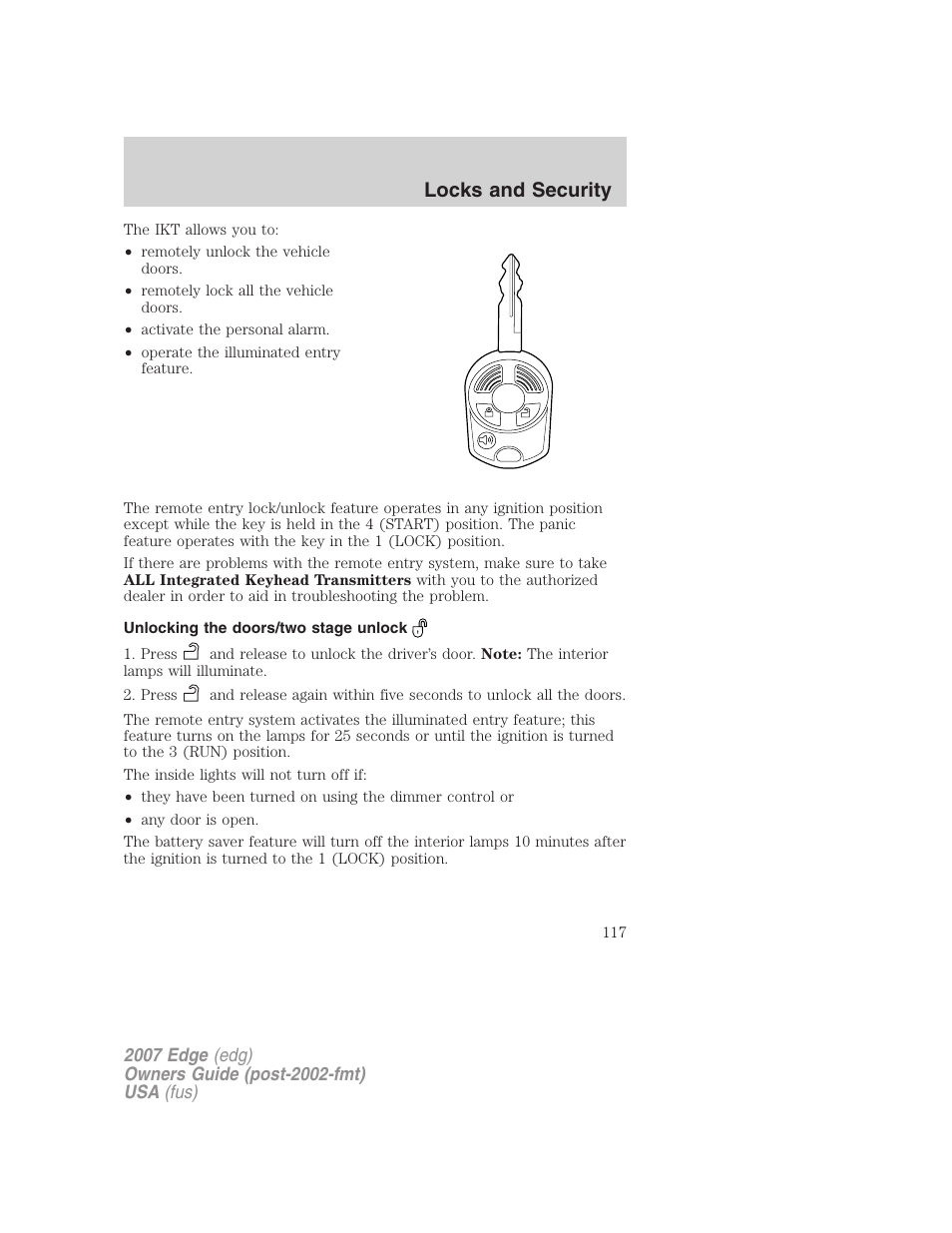 Unlocking the doors/two stage unlock, Locks and security | FORD 2007 Edge v.2 User Manual | Page 117 / 320