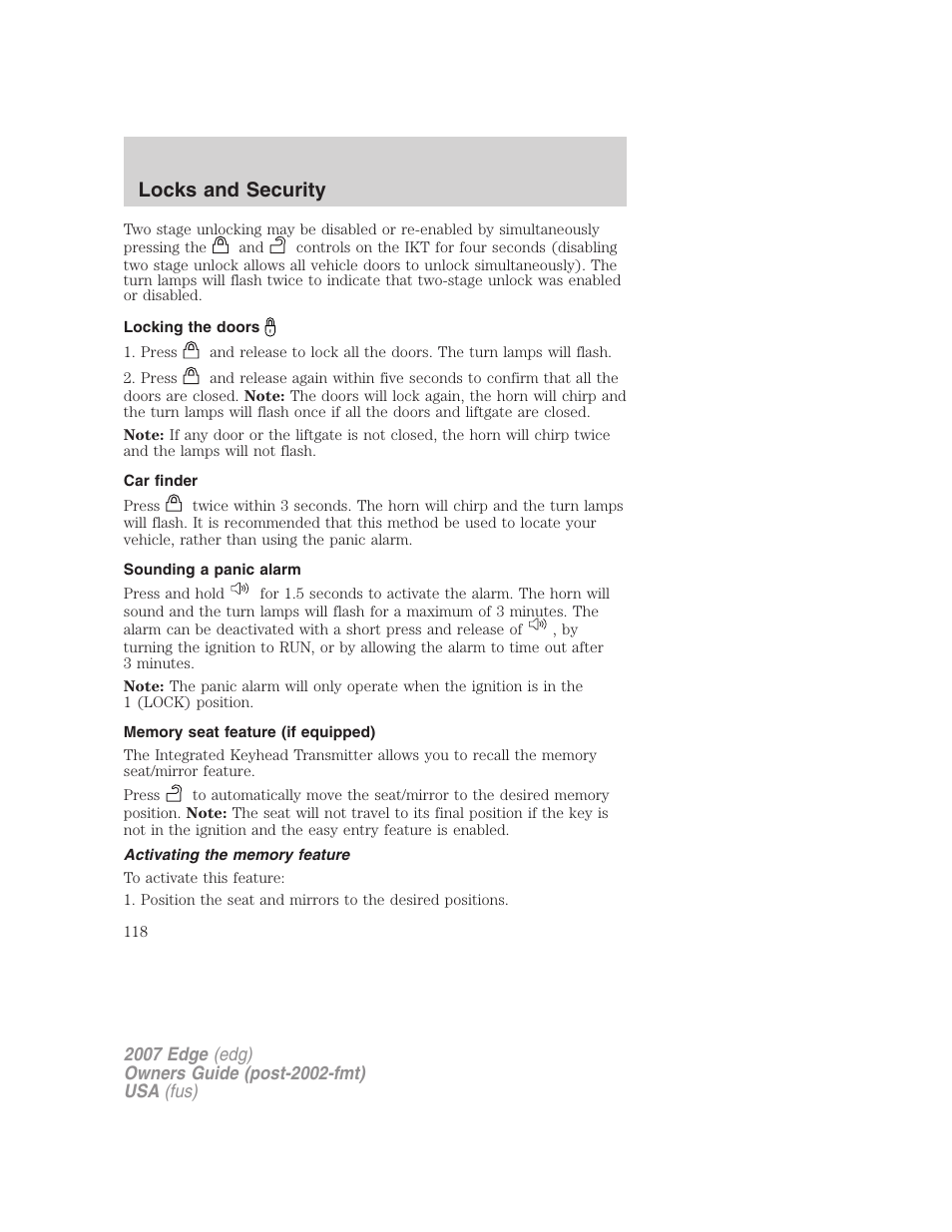 Locking the doors, Car finder, Sounding a panic alarm | Memory seat feature (if equipped), Activating the memory feature, Locks and security | FORD 2007 Edge v.2 User Manual | Page 118 / 320