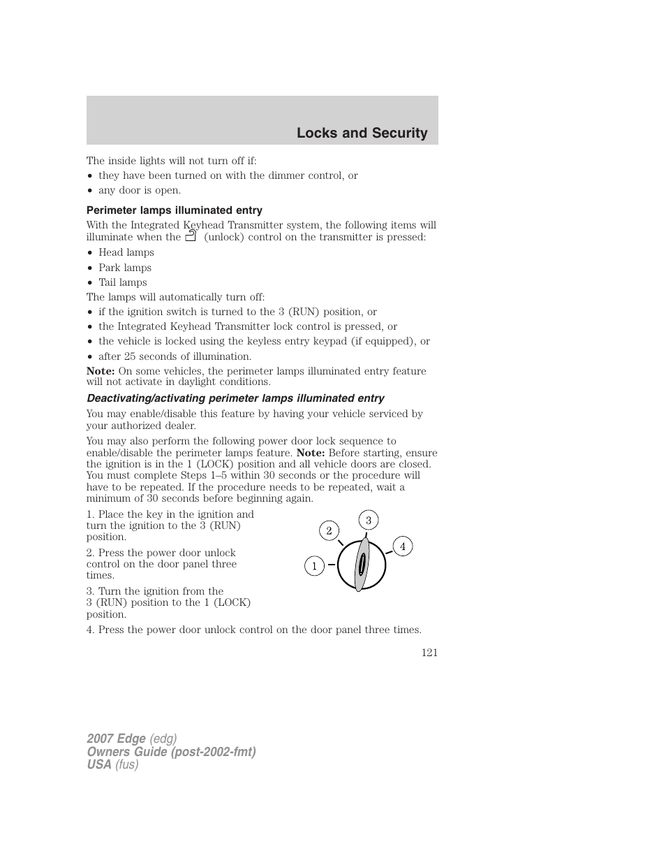 Perimeter lamps illuminated entry, Locks and security | FORD 2007 Edge v.2 User Manual | Page 121 / 320