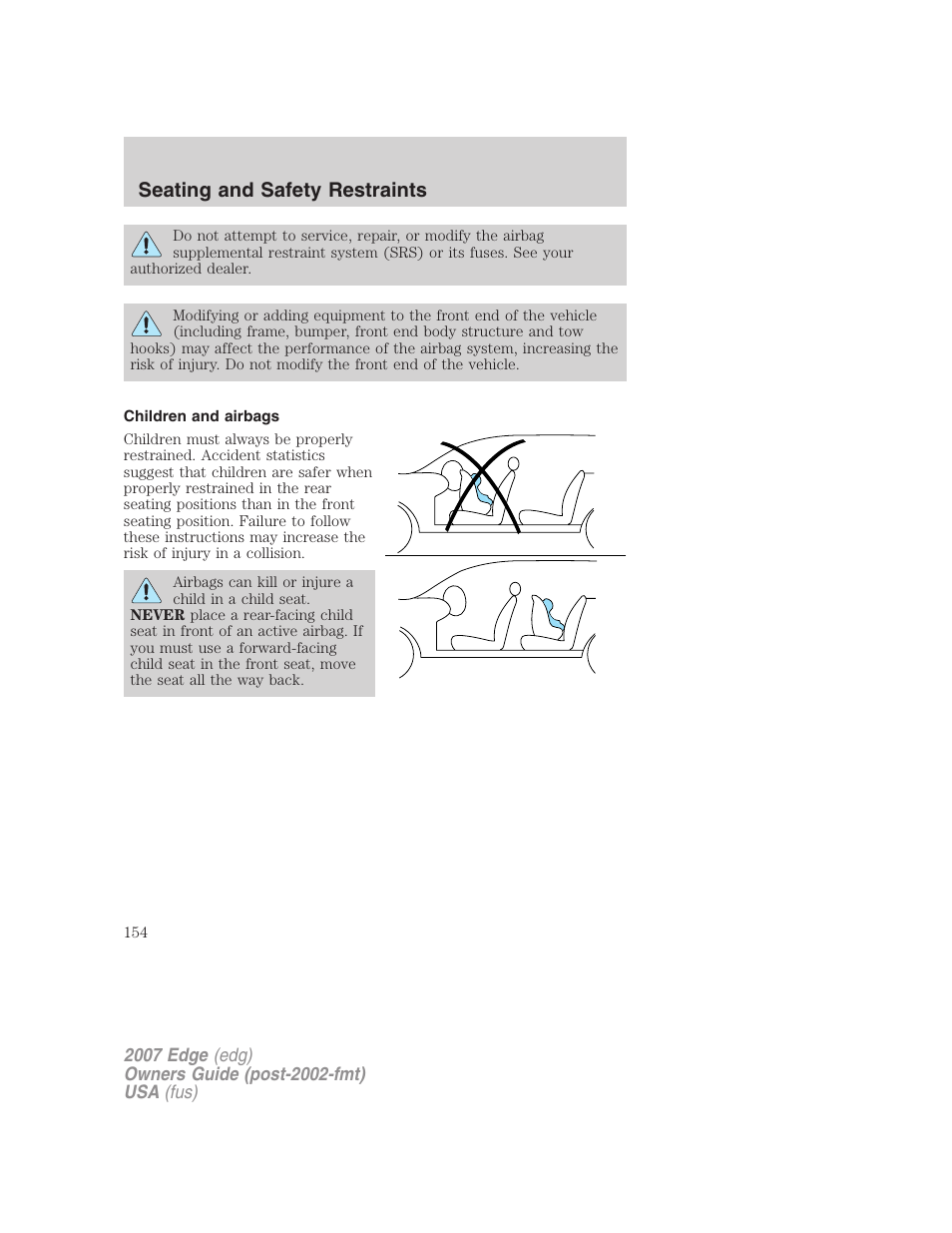 Children and airbags, Seating and safety restraints | FORD 2007 Edge v.2 User Manual | Page 154 / 320