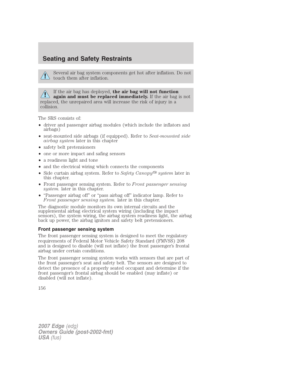 Front passenger sensing system, Seating and safety restraints | FORD 2007 Edge v.2 User Manual | Page 156 / 320