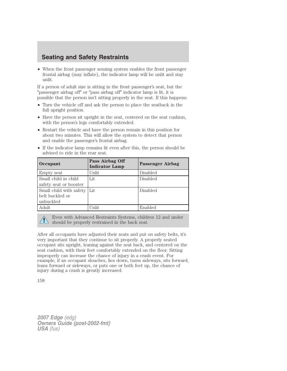 Seating and safety restraints | FORD 2007 Edge v.2 User Manual | Page 158 / 320
