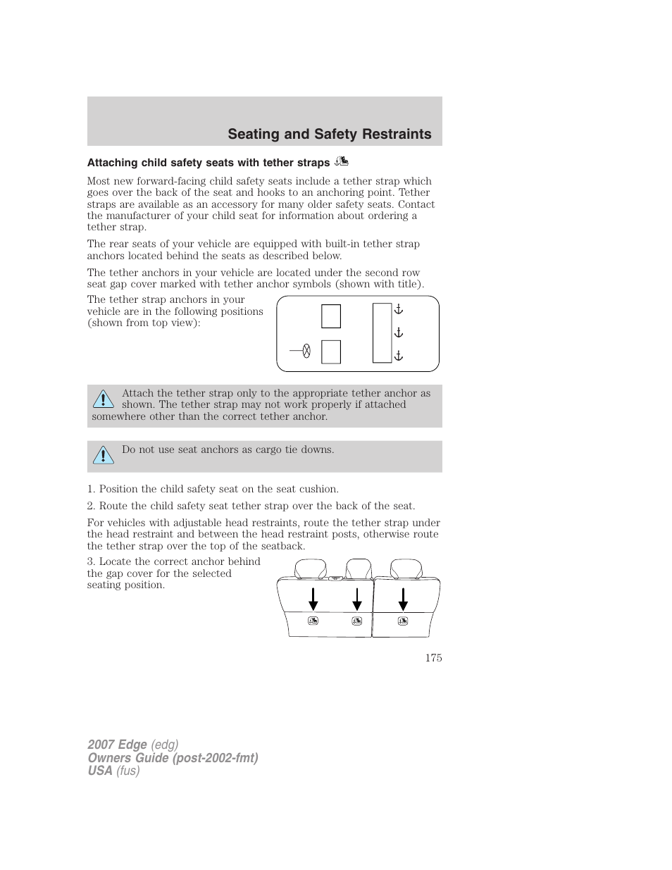 Attaching child safety seats with tether straps, Seating and safety restraints | FORD 2007 Edge v.2 User Manual | Page 175 / 320