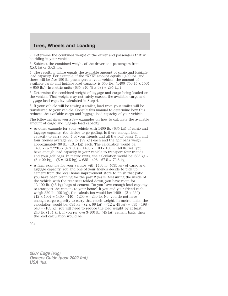 Tires, wheels and loading | FORD 2007 Edge v.2 User Manual | Page 204 / 320