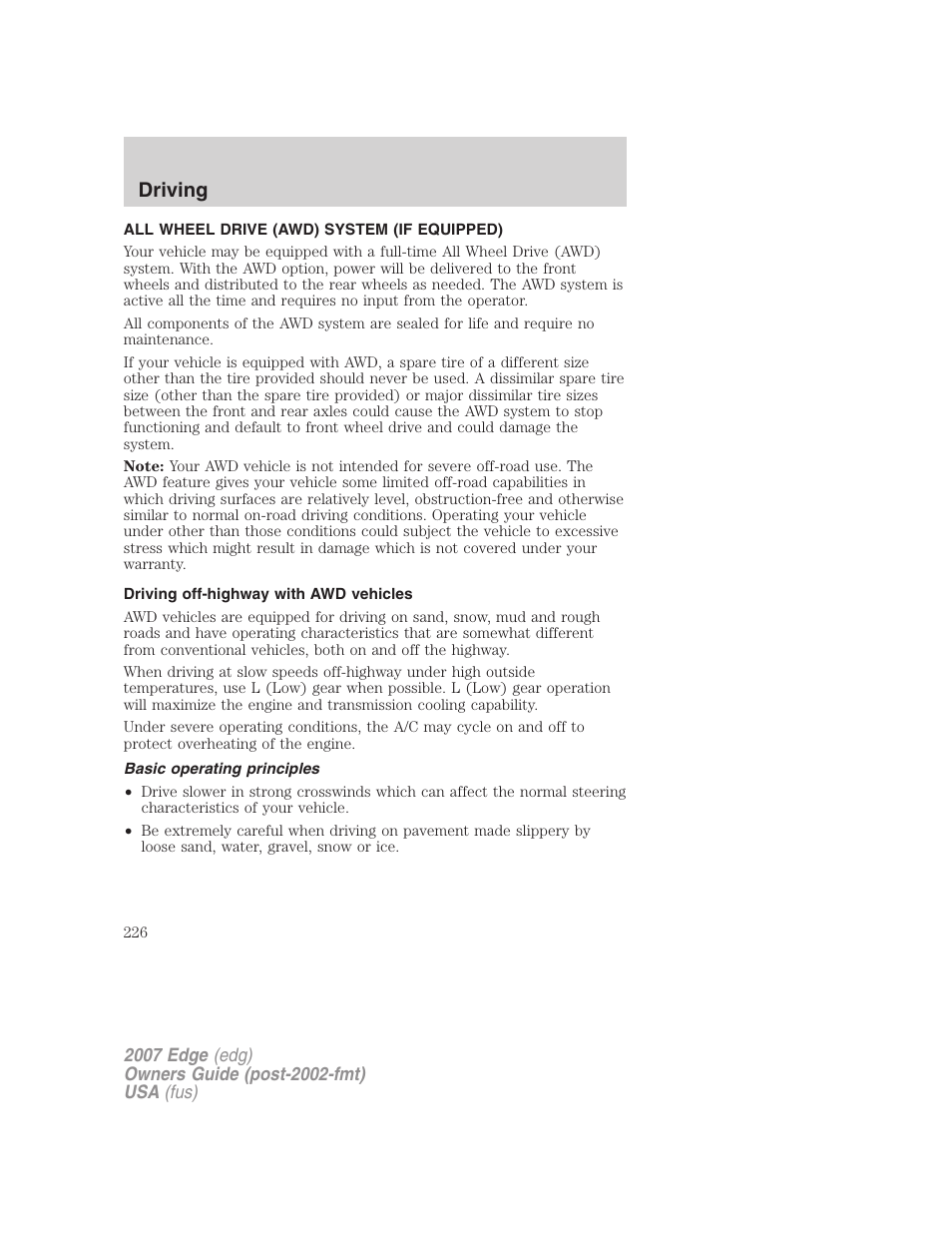 All wheel drive (awd) system (if equipped), Driving off-highway with awd vehicles, Basic operating principles | Driving | FORD 2007 Edge v.2 User Manual | Page 226 / 320