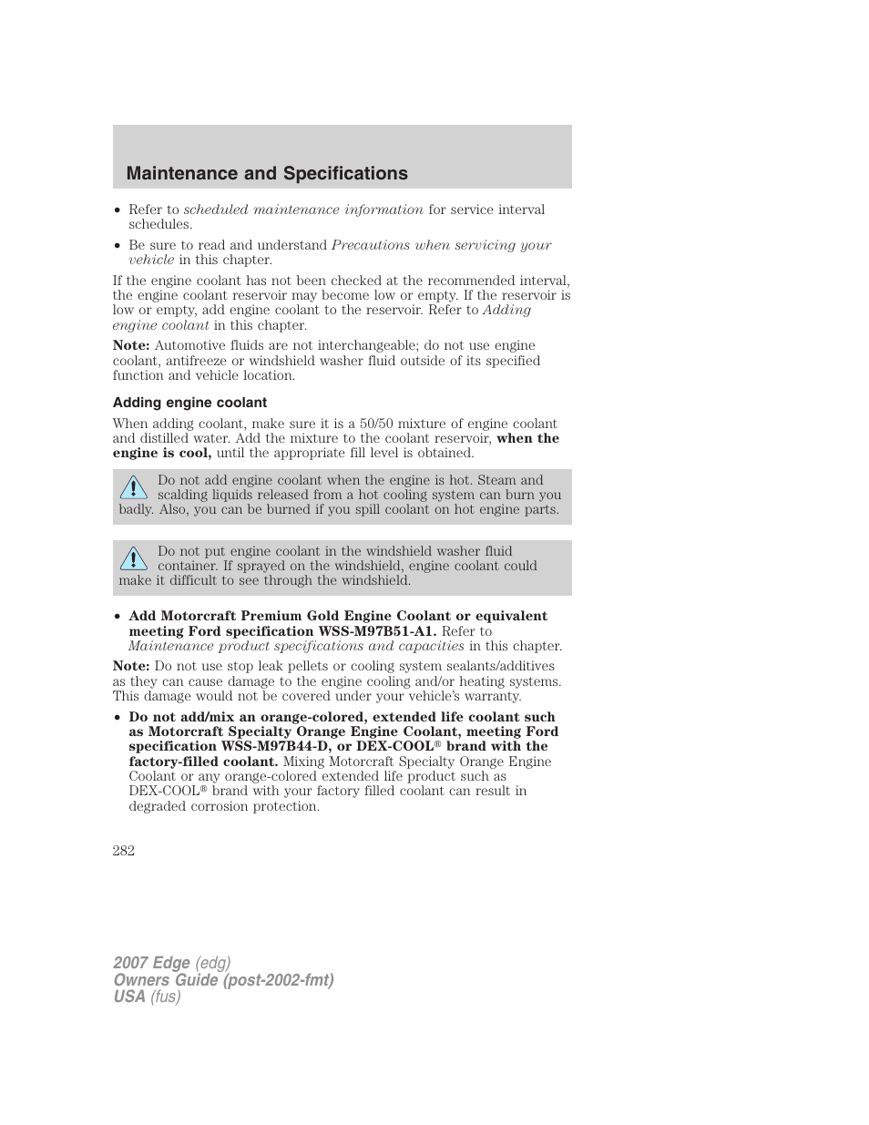 Adding engine coolant, Maintenance and specifications | FORD 2007 Edge v.2 User Manual | Page 282 / 320