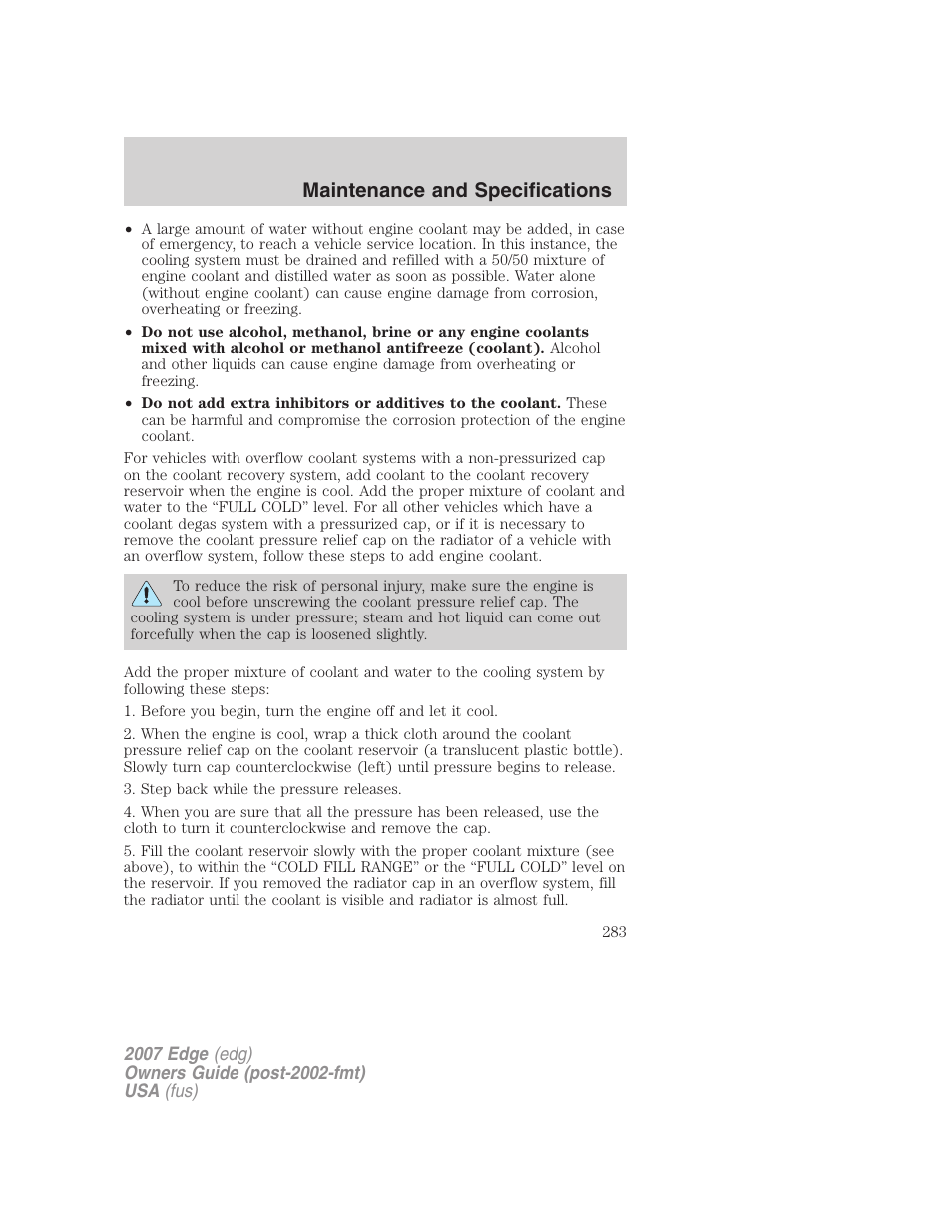 Maintenance and specifications | FORD 2007 Edge v.2 User Manual | Page 283 / 320