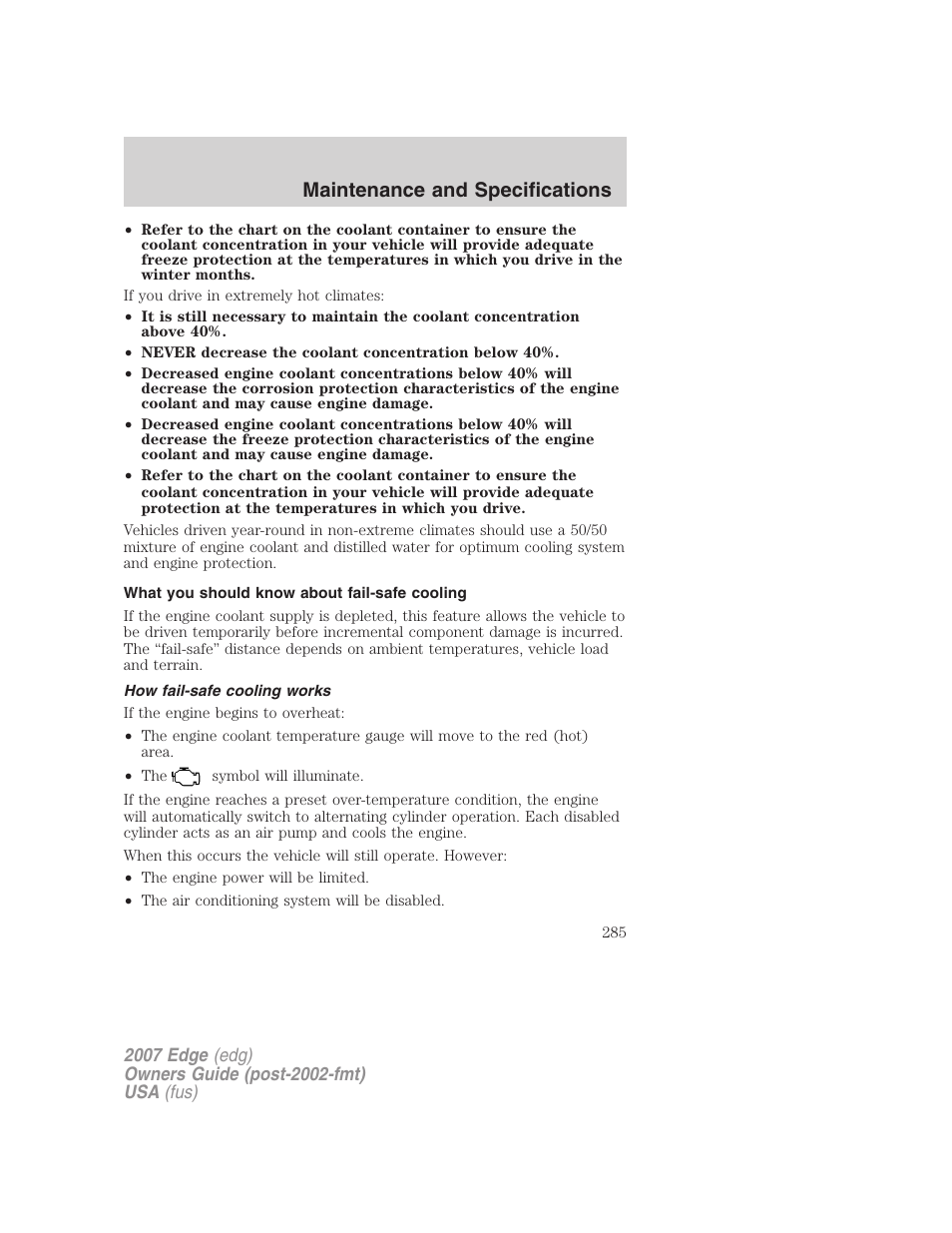 What you should know about fail-safe cooling, How fail-safe cooling works, Maintenance and specifications | FORD 2007 Edge v.2 User Manual | Page 285 / 320