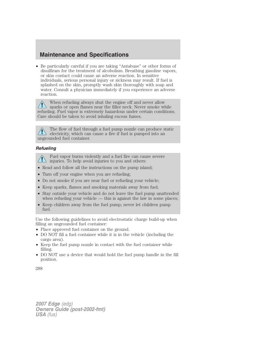Refueling, Maintenance and specifications | FORD 2007 Edge v.2 User Manual | Page 288 / 320
