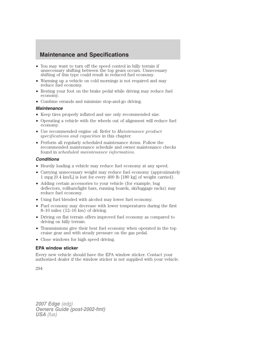 Maintenance, Conditions, Epa window sticker | Maintenance and specifications | FORD 2007 Edge v.2 User Manual | Page 294 / 320