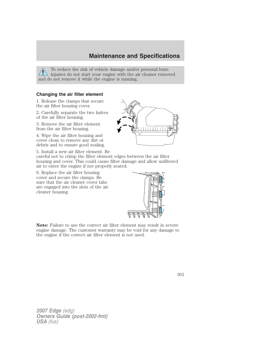 Changing the air filter element, Maintenance and specifications | FORD 2007 Edge v.2 User Manual | Page 301 / 320
