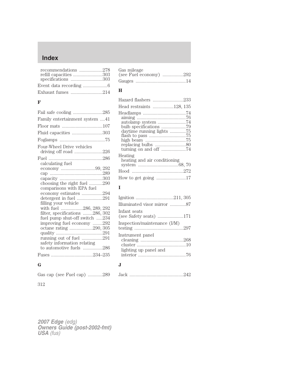 Index | FORD 2007 Edge v.2 User Manual | Page 312 / 320