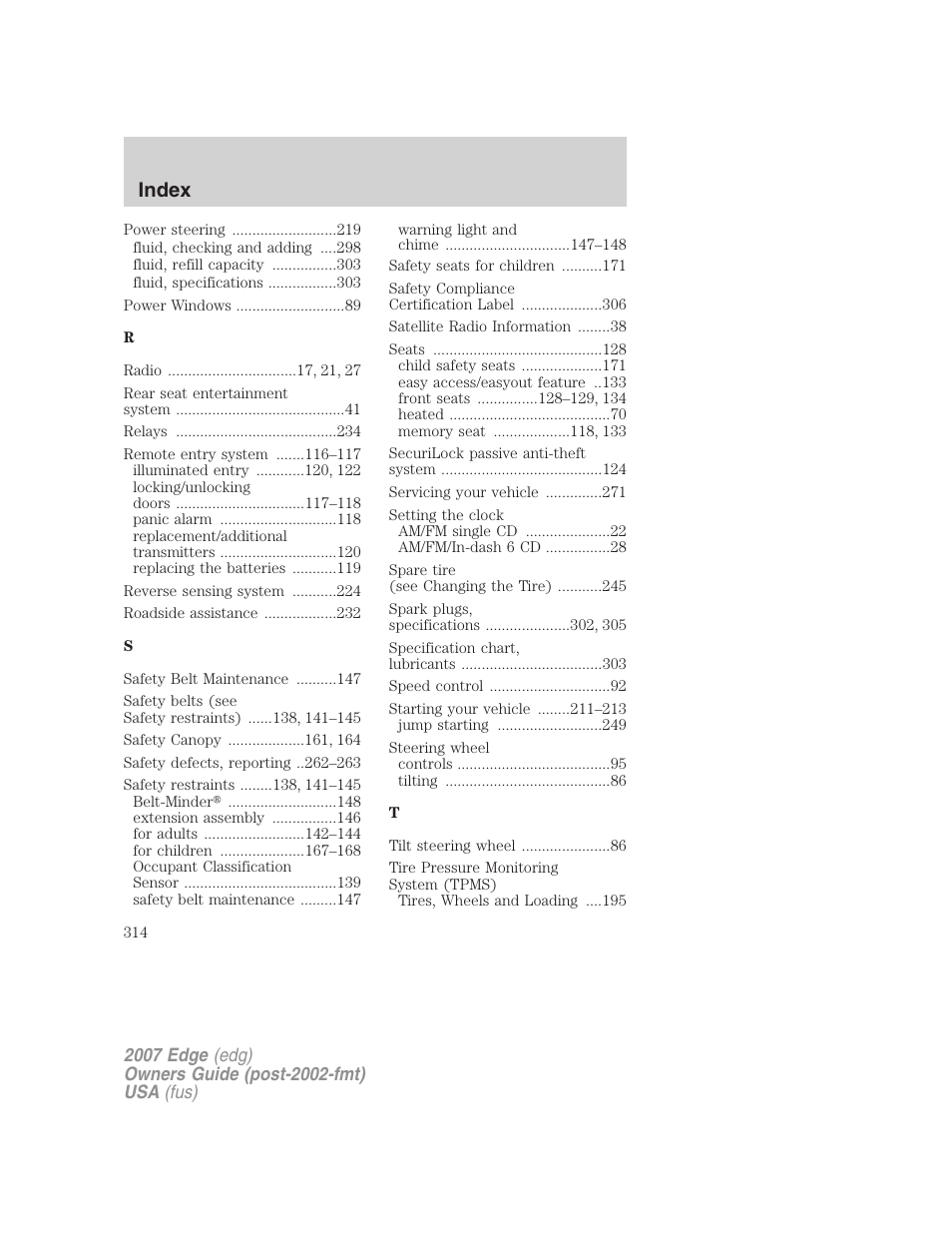 Index | FORD 2007 Edge v.2 User Manual | Page 314 / 320