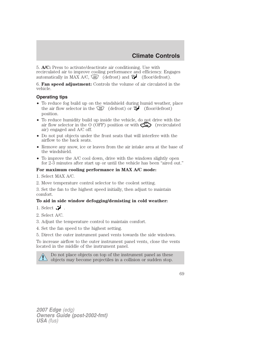 Operating tips, Climate controls | FORD 2007 Edge v.2 User Manual | Page 69 / 320