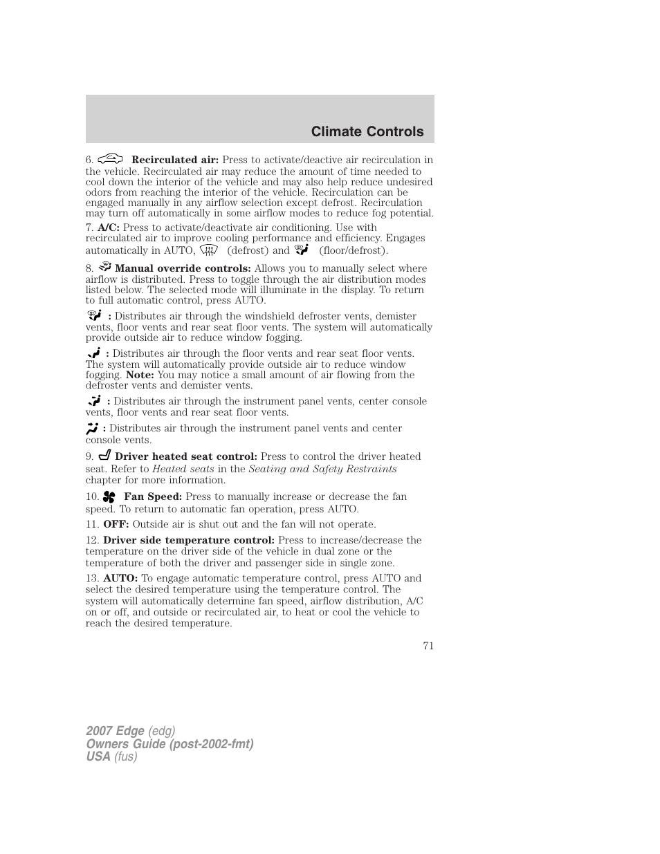 Climate controls | FORD 2007 Edge v.2 User Manual | Page 71 / 320