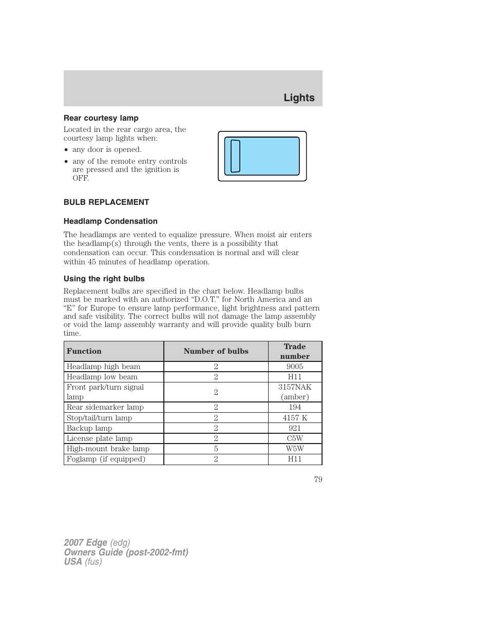 Rear courtesy lamp, Bulb replacement, Headlamp condensation | Using the right bulbs, Lights | FORD 2007 Edge v.2 User Manual | Page 79 / 320