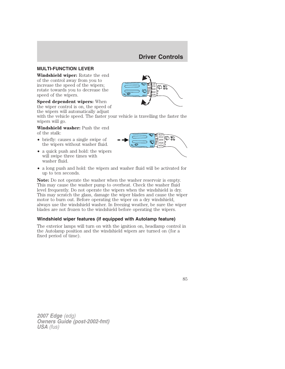 Driver controls, Multi-function lever, Windshield wiper/washer control | FORD 2007 Edge v.2 User Manual | Page 85 / 320