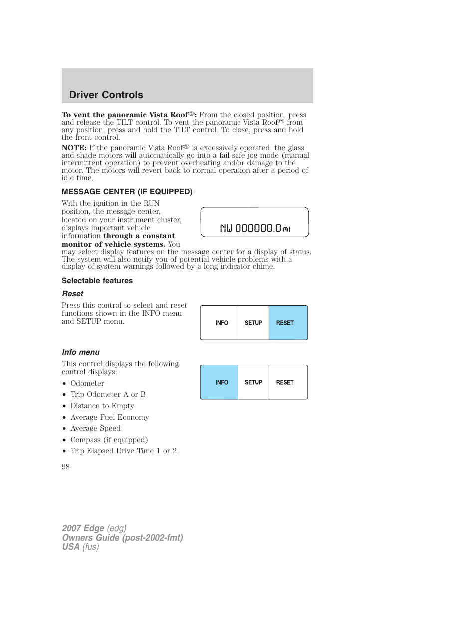 Message center (if equipped), Selectable features, Reset | Info menu, Message center, Driver controls | FORD 2007 Edge v.2 User Manual | Page 98 / 320