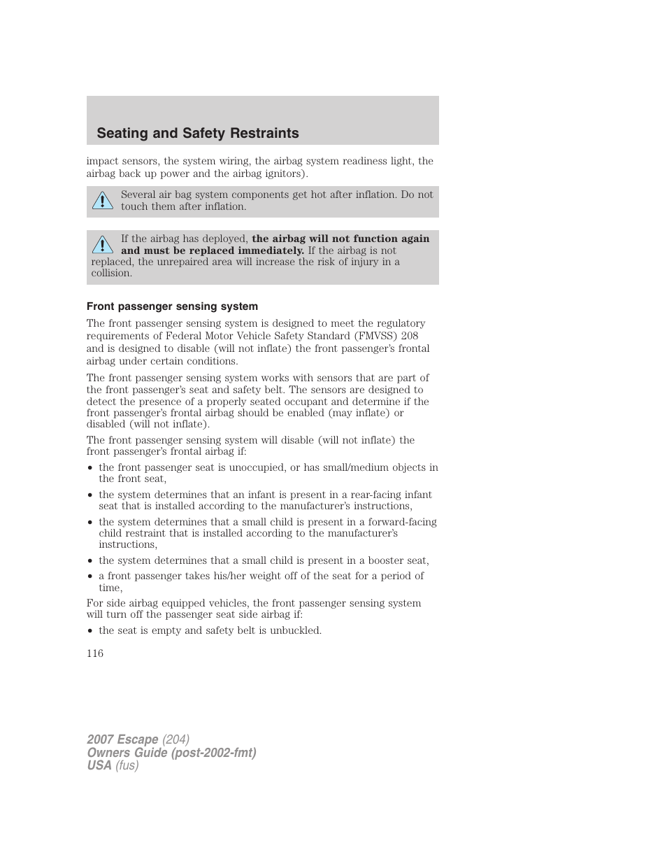 Front passenger sensing system, Seating and safety restraints | FORD 2007 Escape v.1 User Manual | Page 116 / 288
