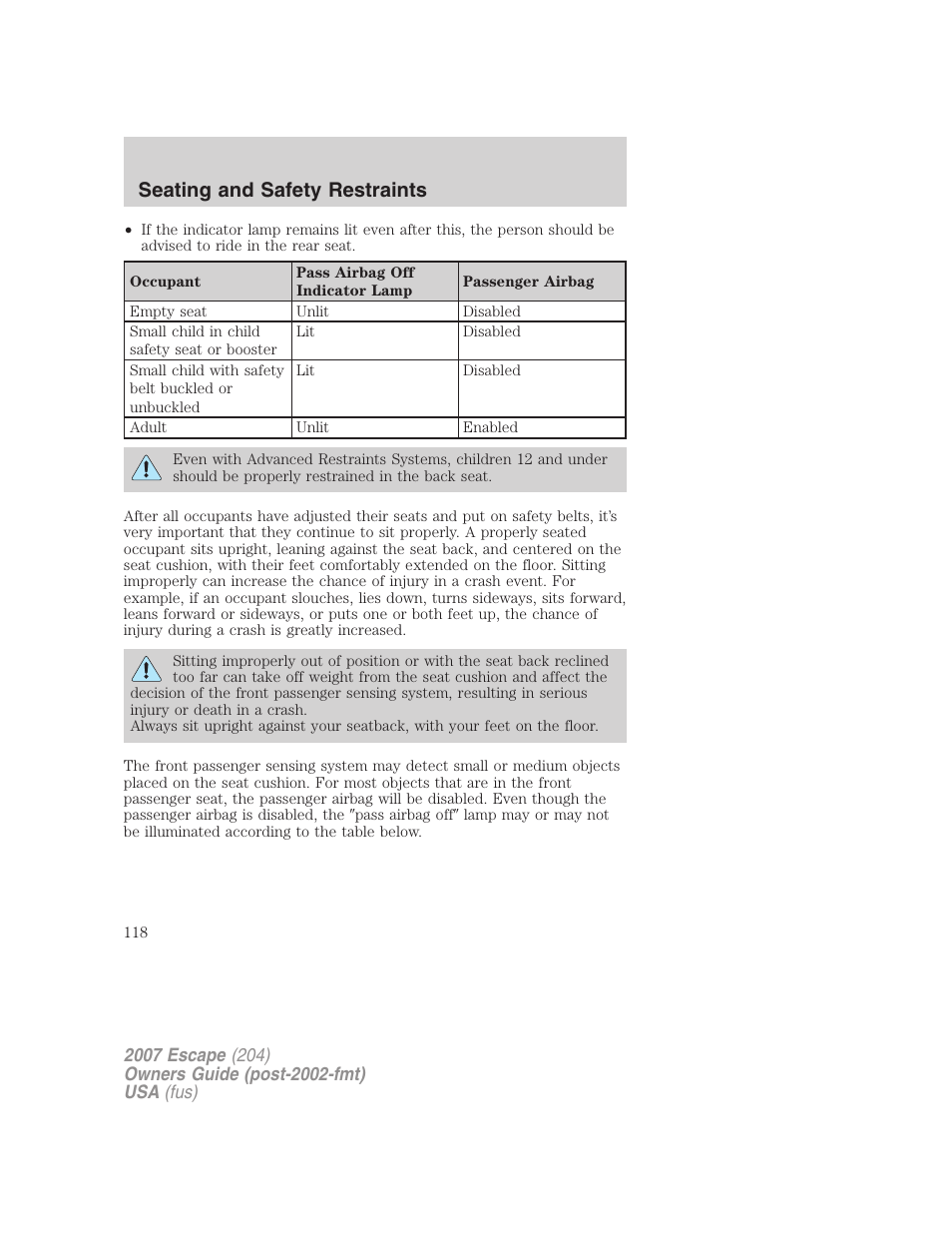 Seating and safety restraints | FORD 2007 Escape v.1 User Manual | Page 118 / 288