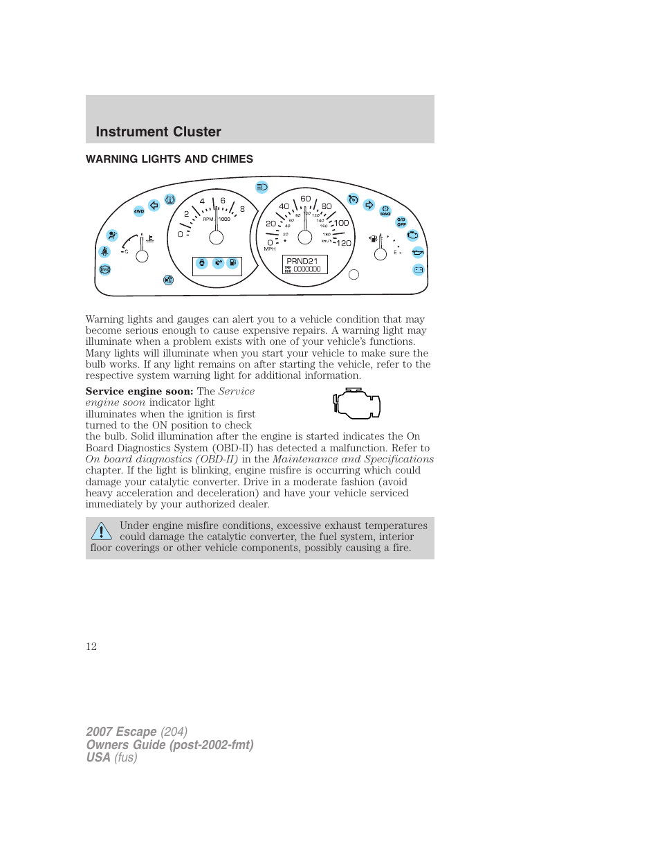 Instrument cluster, Warning lights and chimes | FORD 2007 Escape v.1 User Manual | Page 12 / 288