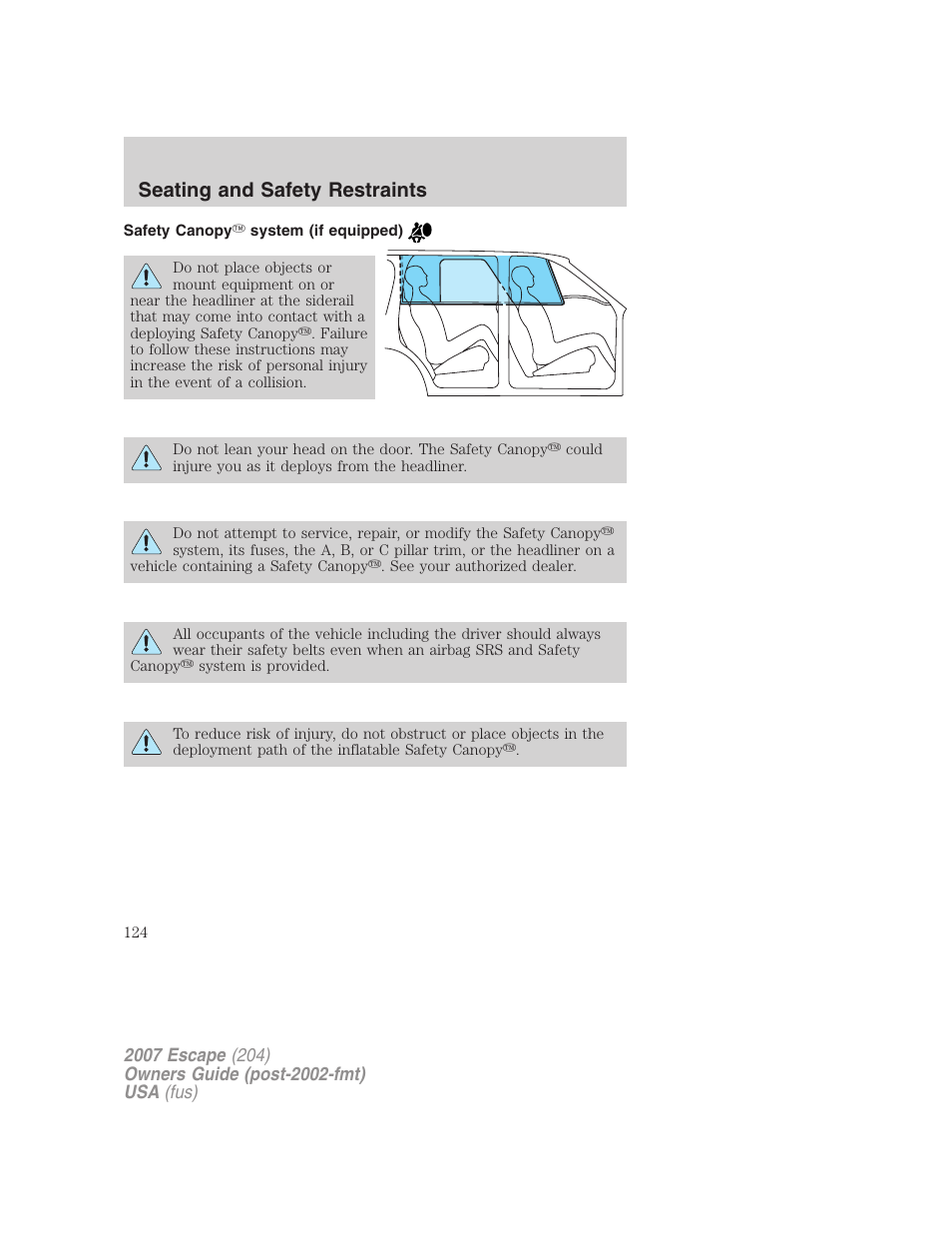 Safety canopy system (if equipped), Seating and safety restraints | FORD 2007 Escape v.1 User Manual | Page 124 / 288