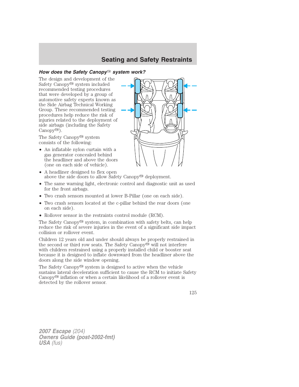 How does the safety canopy system work, Seating and safety restraints | FORD 2007 Escape v.1 User Manual | Page 125 / 288