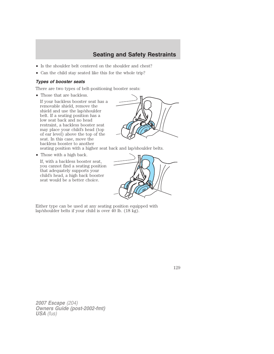 Types of booster seats, Seating and safety restraints | FORD 2007 Escape v.1 User Manual | Page 129 / 288