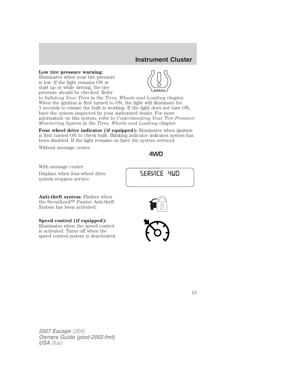 Instrument cluster | FORD 2007 Escape v.1 User Manual | Page 15 / 288