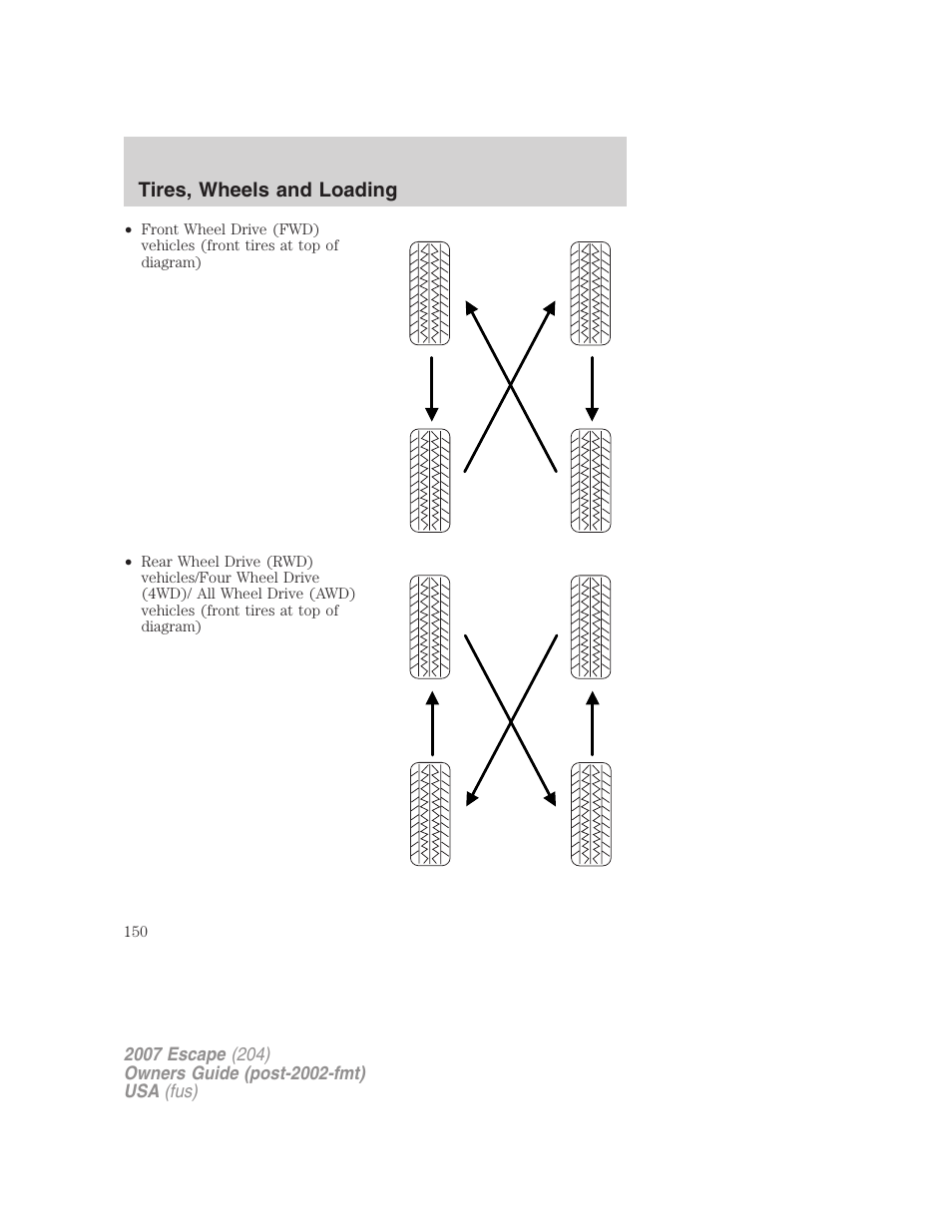 Tires, wheels and loading | FORD 2007 Escape v.1 User Manual | Page 150 / 288