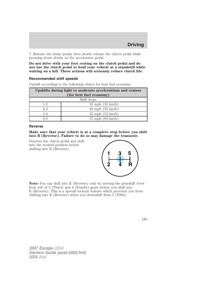 Recommended shift speeds, Reverse | FORD 2007 Escape v.1 User Manual | Page 185 / 288