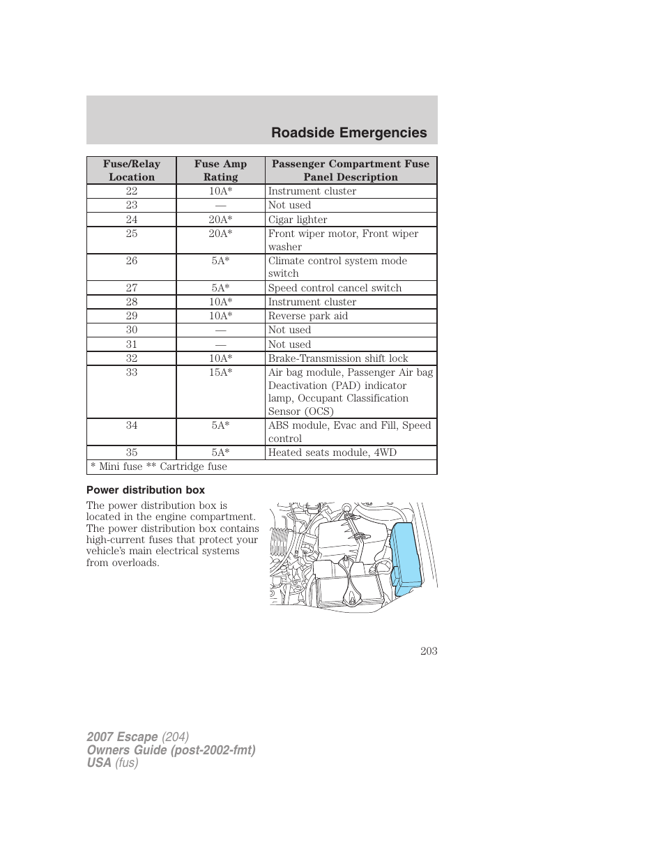 Power distribution box, Roadside emergencies | FORD 2007 Escape v.1 User Manual | Page 203 / 288