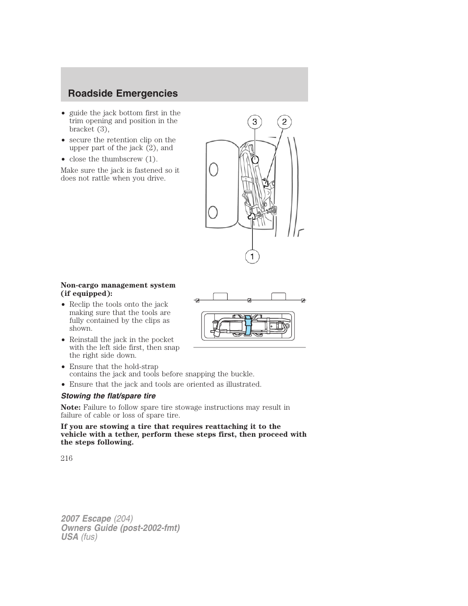 Stowing the flat/spare tire, Roadside emergencies | FORD 2007 Escape v.1 User Manual | Page 216 / 288