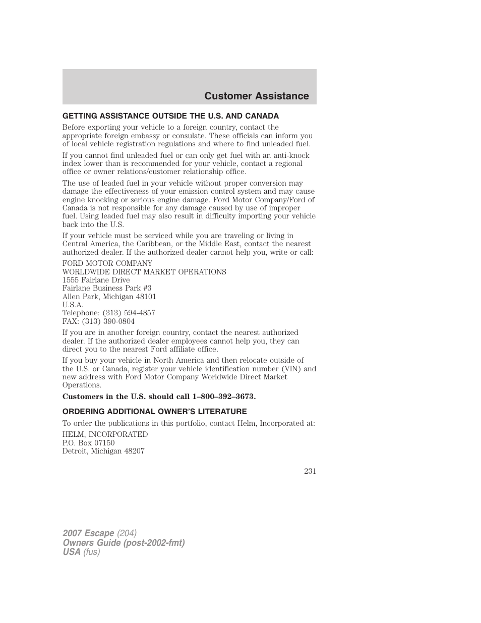 Getting assistance outside the u.s. and canada, Ordering additional owner’s literature, Customer assistance | FORD 2007 Escape v.1 User Manual | Page 231 / 288