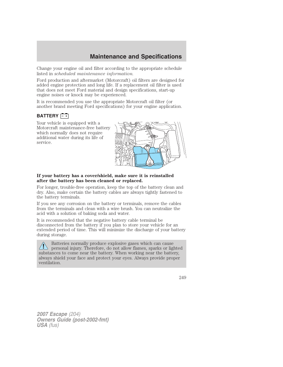 Battery, Maintenance and specifications | FORD 2007 Escape v.1 User Manual | Page 249 / 288